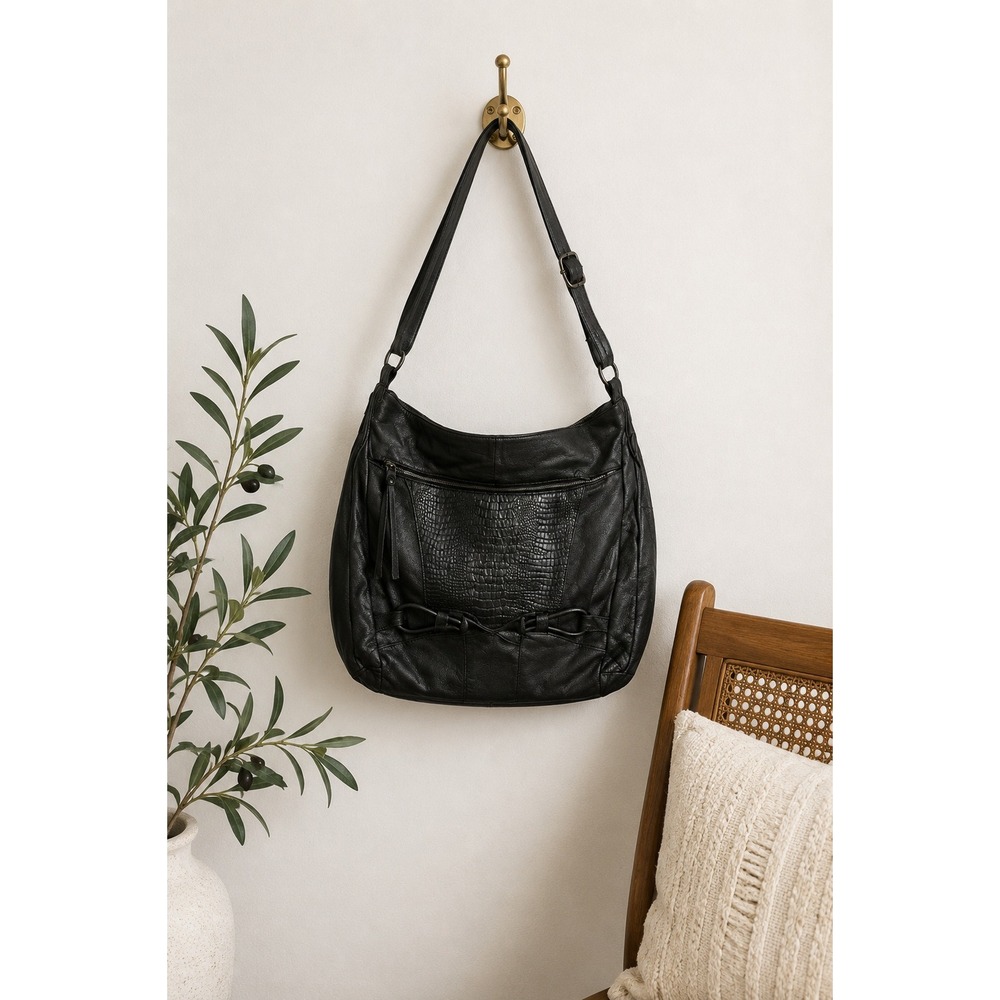 Vintage Fiona Italy Black Leather Slouchy Satchel Crossbody Tote Purse Large Bag